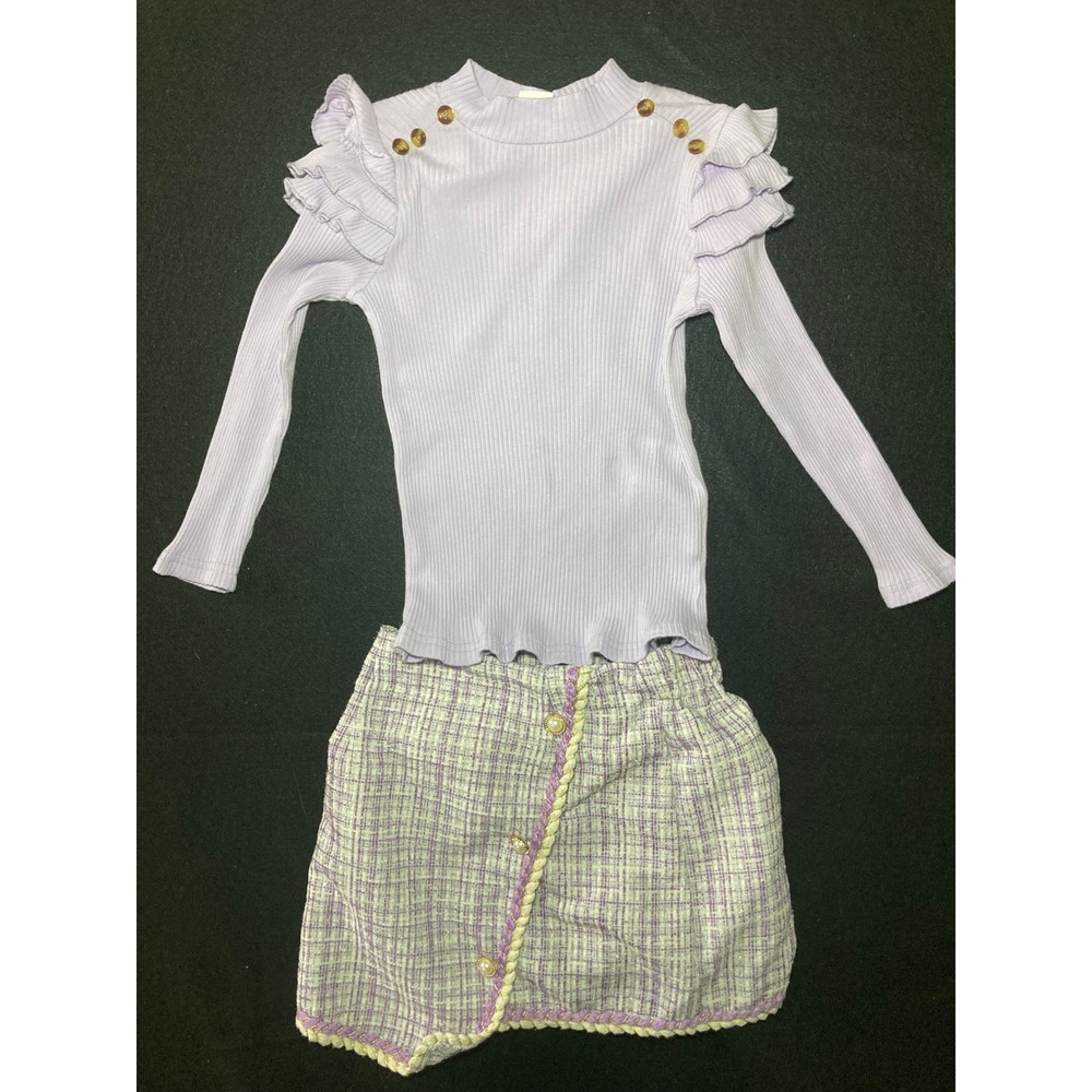 Lavender Ruffle Ribbed Top and Tweed Skirt 2-Piece Set Kids Size 5-6Y Purple
